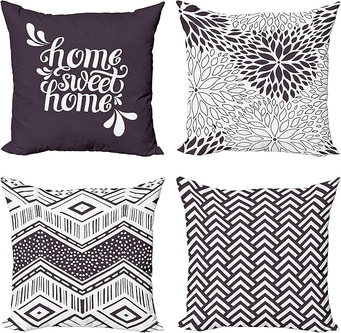 Ambesonne Geometric Throw Pillow Cushion Case Pack of 4, Home Phrase Minimal Zigzag Squama Dahlia Flower Petals Chevron Tribal, Modern Accent Double-Sided Digital Printing, 16", Dark Mauve and White