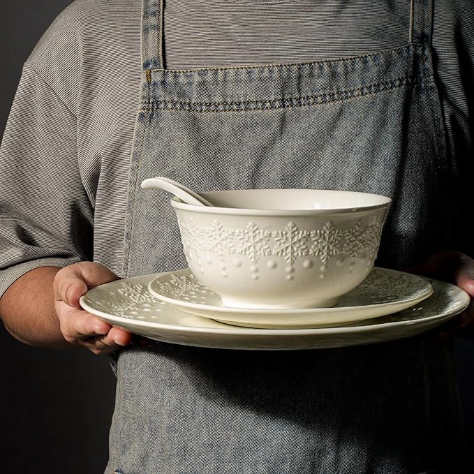 Plates and Bowls Sets - 16 Pieces Ceramic Dinnerware Sets for 4, Embossed White Dish Set Porcelain Kitchen Dishware Sets Dishwasher & Microwave Safe (Snowflake)