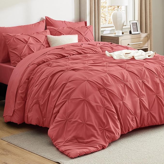 Bedsure King Size Comforter Set Coral Red - Bed in a Bag Bedding Set 7 Pieces, GentleSoft™ Pintuck Bed Set Gift for Family, Pinch Pleat Coral Red Comforter with Sheets, Pillowcases & Shams