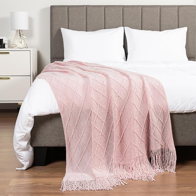PAVILIA Light Pink Knit Throw Blanket for Couch, Twin Bed, Soft Knitted Farmhouse Sofa Throw for Living Room, Lightweight Decorative Summer Blanket for Chair, Outdoor Textured Boho Blanket, 60x80