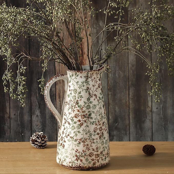 Enra Pitcher vase with Handle,12.2 in Ceramic Vintage Chinoiserie Floral Vase,Green and Beige Decorative Flower vase,Large Rustic Vases for Home Decors, Living Room, Bookshelf, Office