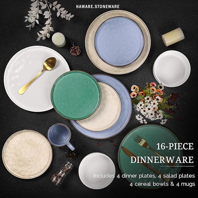 HaWare Dinnerware Sets, 16-Piece Stoneware Plates and Bowls Set, Elegant Ceramic Dish Set for 4, Chip and Scratch Resistant, Microwave and Dishwasher Safe, Multicolor