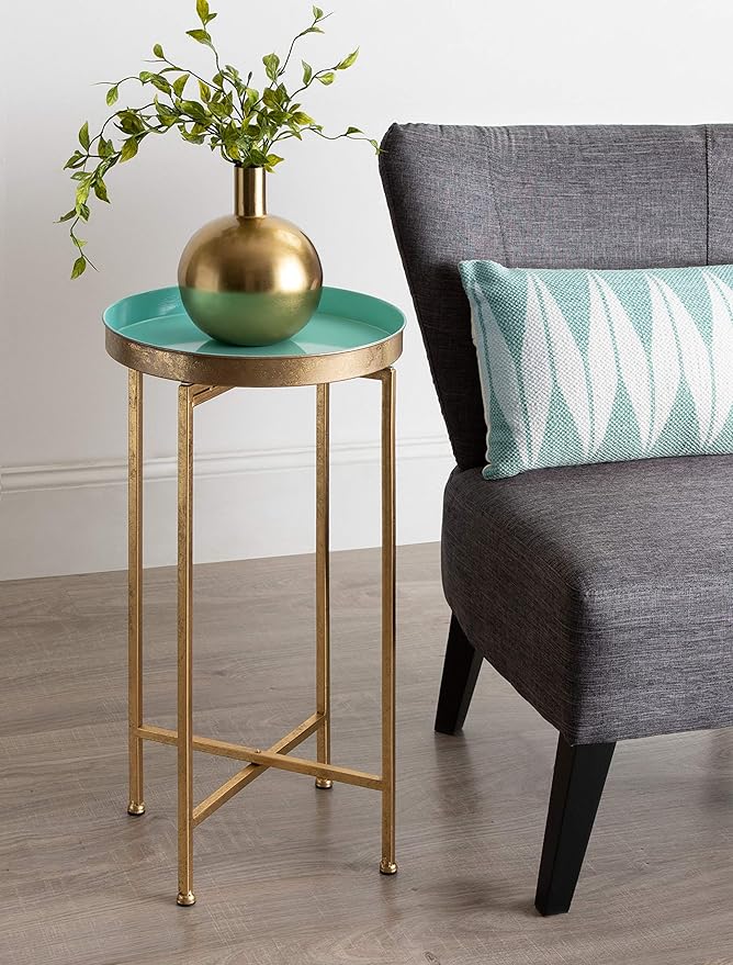 Kate and Laurel Celia Round Foldable Tray Accent Table, 14" x 14" x 25.75", Light Teal and Gold, Modern Minimalist Design and Magnetic Tabletop