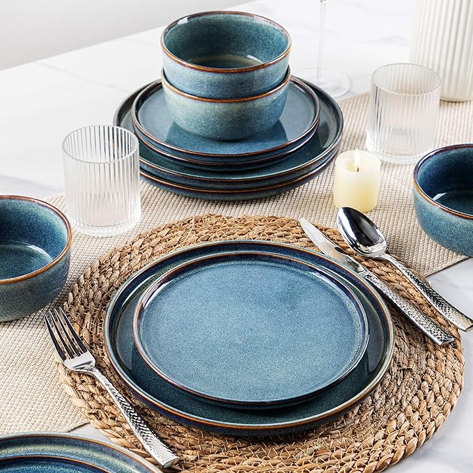 AmorArc Ceramic Dinnerware Sets for 4,Round Reactive Glaze Stoneware Plates and Bowls Set,Highly Scrath Resistant Dishware | Dishwasher & Microwave Safe Dishes Set,Service for 4 (12pc)