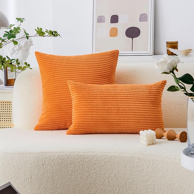 Home Brilliant Burnt Orange Pillow Covers 18x18 Striped Corduroy Throw Pillow Cover Set of 2 Decorative Couch Fall Rust Pillow Covers for Halloween Thanksgiving, 18 x 18 inch, Orange