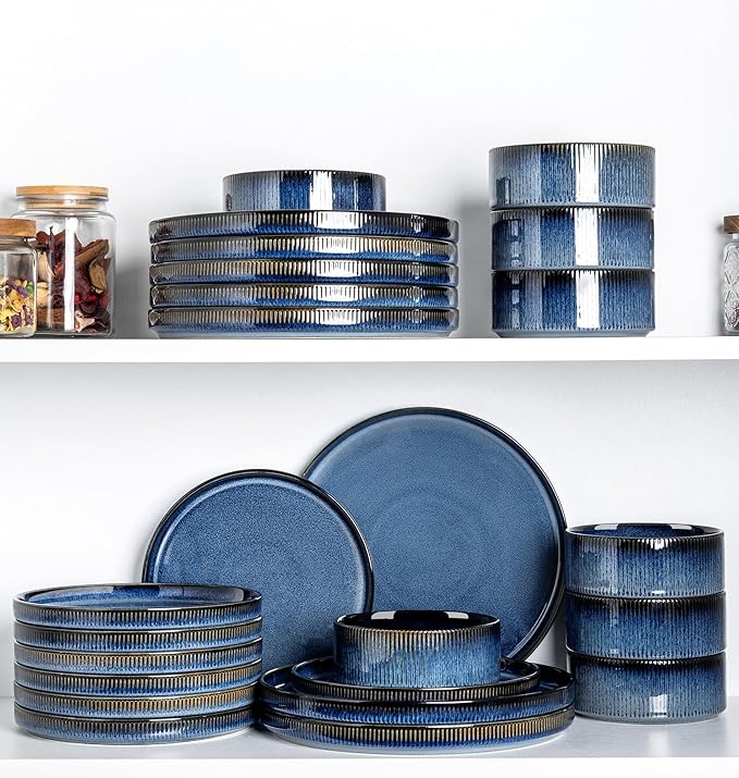 TheTerra Ceramic Dinnerware Sets for 8, 24 Pieces Porcelain Lightweight Speckled Plates and Bowls Sets, Scratch Resistant Dish Set, Oven & Microwave & Dishwasher Safe, Starry Blue