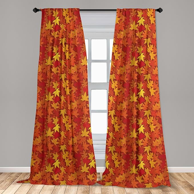 Ambesonne Orange Window Curtain Panels 4 Pack, Colorful Autumn Fall Season Maple Leaves in Unusual Designs Nature Print, Lightweight Set with Rod Pocket, 4 Panels of 28" x 95", Burnt Orange