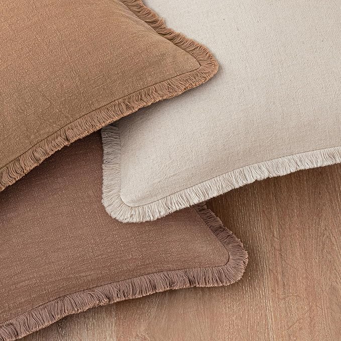 Woaboy Decorative Linen Fringe Throw Pillow Covers Boho Farmhouse Soft Lumbar Cushion Covers Accent Pillowcases with Tassels for Living Room Couch Sofa Bed Chair,12x20 Inch Set of 2,Brown