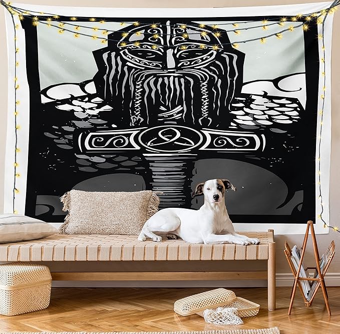 Lunarable Viking Tapestry, Thor Son of Odin Monochrome Design Guardian of Asgard Scandinavian Culture, Wide Wall Hanging for Bedroom Living Room Dorm, 80" X 60", Black White