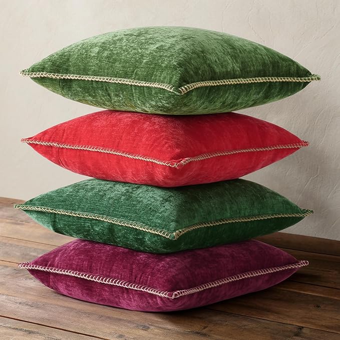 decorUhome Christmas Chenille Soft Throw Pillow Covers 20x20 Set of 2, Farmhouse Velvet Neutral Decorative Euro Pillow Covers with Stitched Edge for Couch Sofa Bed Home Decor, Green