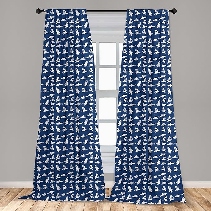 Ambesonne Shark Window Curtains Pack of 2, Fish Pattern Various Gestures Have a Bite Danger Humor Nautical Design, Lightweight Set with Rod Pocket, 4 Panels of - 28" x 95", Violet Blue