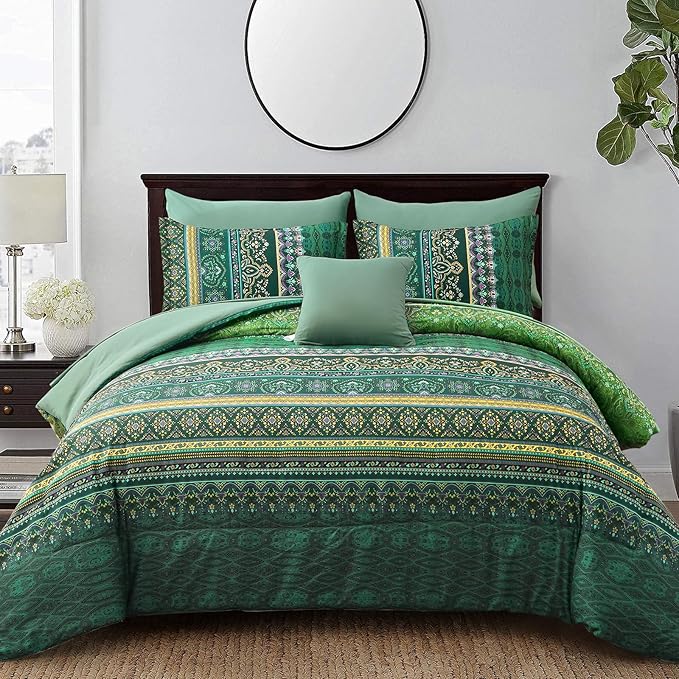 Boho Green Comforter Set King Size,8 Piece Bed in a Bag Bohemian Striped Bedding Quilt Set,Dark Green Paisley Floral Comforter and Sheet Set,Soft Microfiber Complete Bedding Sets for All Season