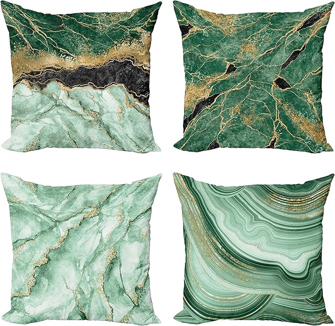 Ambesonne Marble Print Throw Pillow Cushion Case Pack of 4, Abstract Look Nature Stone Ornaments Modern with Minty Details Print, Modern Accent Double-Sided Digital Printing, 24", Jade Green Dark Grey