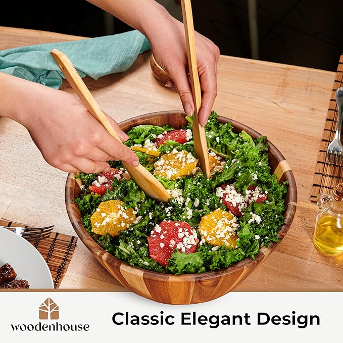 Woodenhouse Wooden Salad Bowl, Salad Bowl, Wooden Bowl - 12" Round Design Fruit Bowl, Handmade, Durable and Stylish Natural Wood Dining Accessory