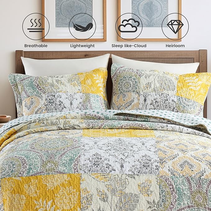 Secgo Queen Comforter Set for Bed - 100% Cotton Quilts Queen Size, Black Bedspreads (90 * 98 Inch) with 2 Pillow Shams, Patchwork Reversible Lightweight Bedding