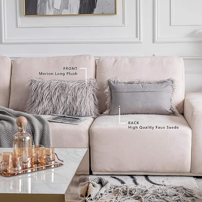Home Brilliant Lumbar Pillow Cover Decorative Faux Fur Oblong Fuzzy Throw Pillow Covers for Couch Sofa Bed, 12x20inches, 30 x 50cm, Set of 2, Light Grey