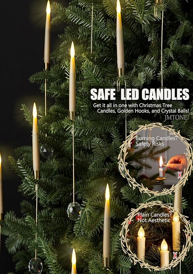 Christmas Tree Candles, 12 Pack Flameless Taper Candles for Christmas Tree Decor, Battery Operated with Remote Flickering LED Candles with Clear Crystal Ball Gold Hook for Xmas Wedding Home Gift