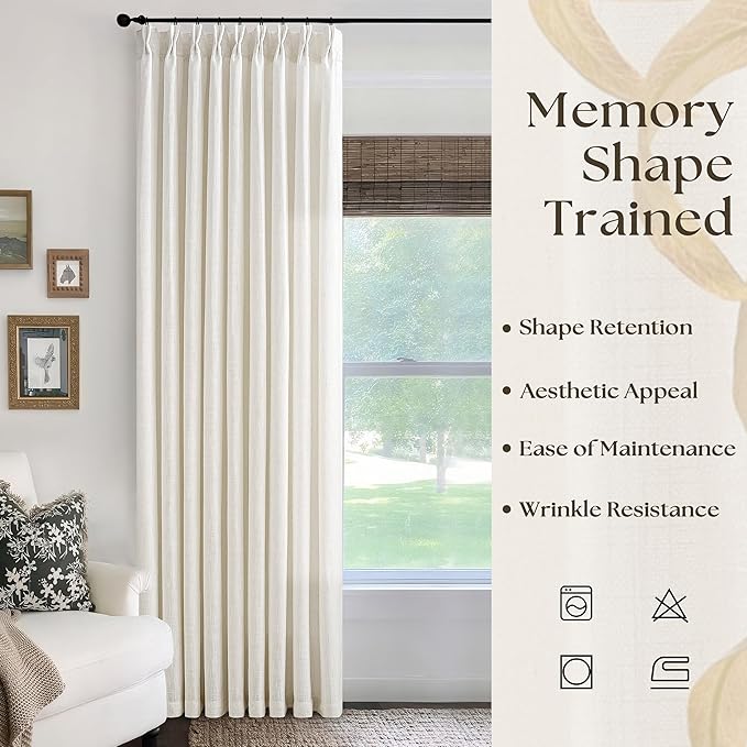 Natural Pinch Pleated Extra Wide Linen Curtains 84 Inches Long for Patio Sliding Glass Door 60 Inch Wide Pleated Drapes for Living Room with Hooks Rings Neutral Cream Semi Sheer 60x84 Curtain 1 Panel