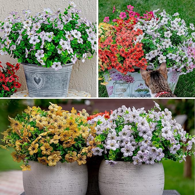 Artificial Flowers for Outdoors Fake Plants - 16 Bundles Faux Outside Greenery Boxwood UV Resistant No Fade Plastic Shrubs Fall Decor Farmhouse Home Garden Mums (White)