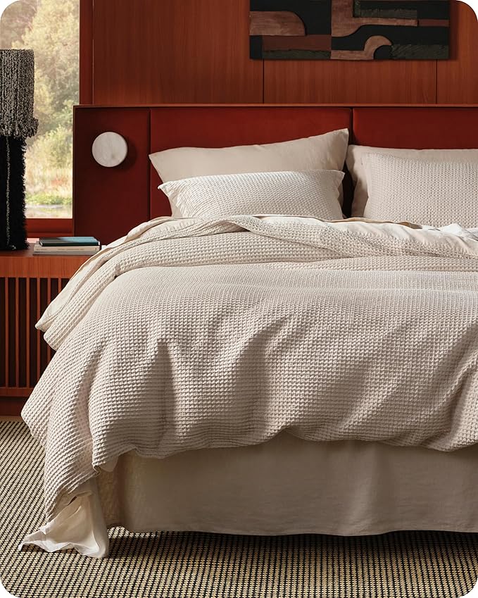 Bedsure Cotton Duvet Cover Queen - 100% Cotton Waffle Weave Linen Color Duvet Cover Queen Size, GentleSoft™ and Breathable Bedding Set for All Season, 3 Pieces, 90"x90"