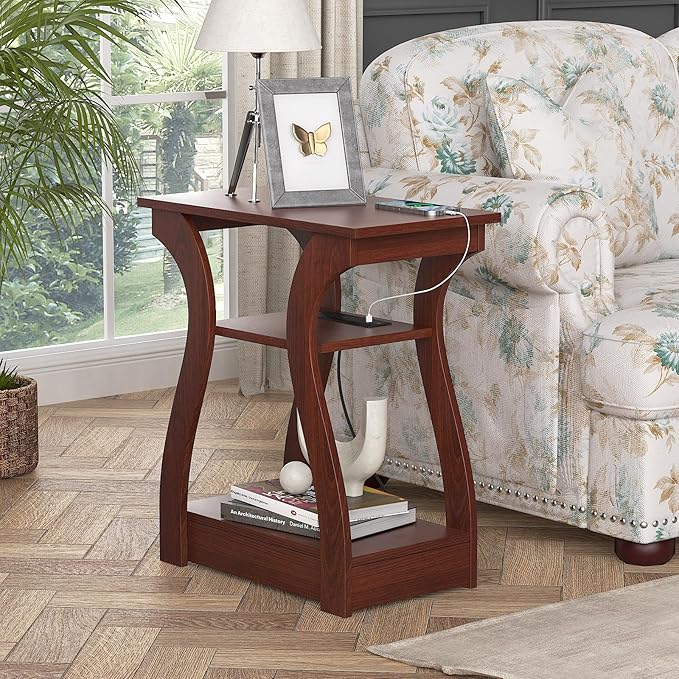 End Tables Living Room Set of 2,Cherry End Table with Charging Station,Side Table, Nightstand for Bedroom, 3 Tier End Table with Storage Shelf for Living Room(Cherry)