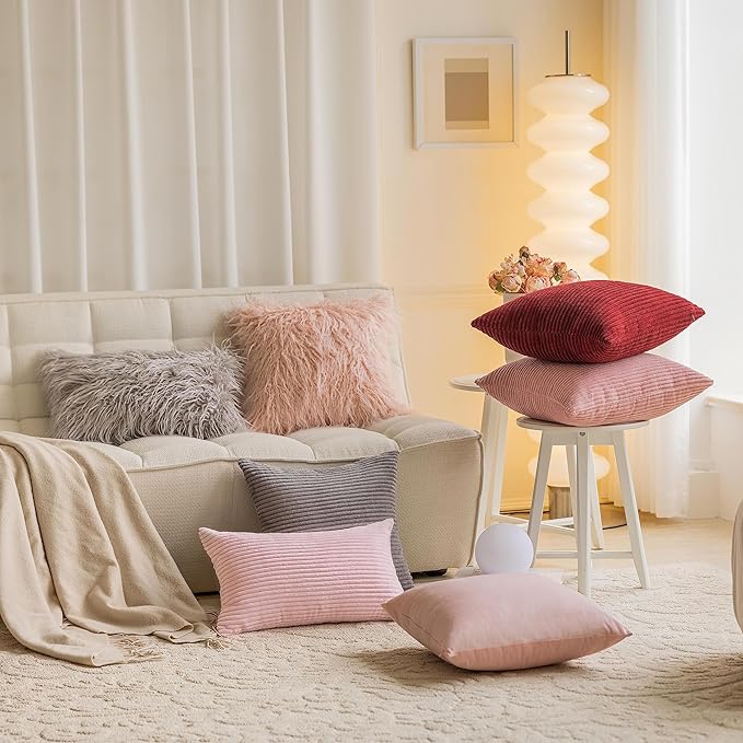 Home Brilliant 12x20 Pillow Cover Rectangular Faux Fur Fuzzy Accent Pillows Case for Couch Decor, 30cmx50cm, 2 pcs, Pink