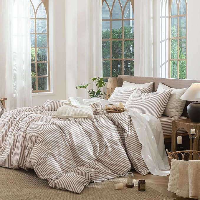 MooMee Striped Duvet Cover Set 100% Washed Cotton Linen Like Textured Breathable Durable Soft Comfy (Orange Classic Stripes, King 104"x90")