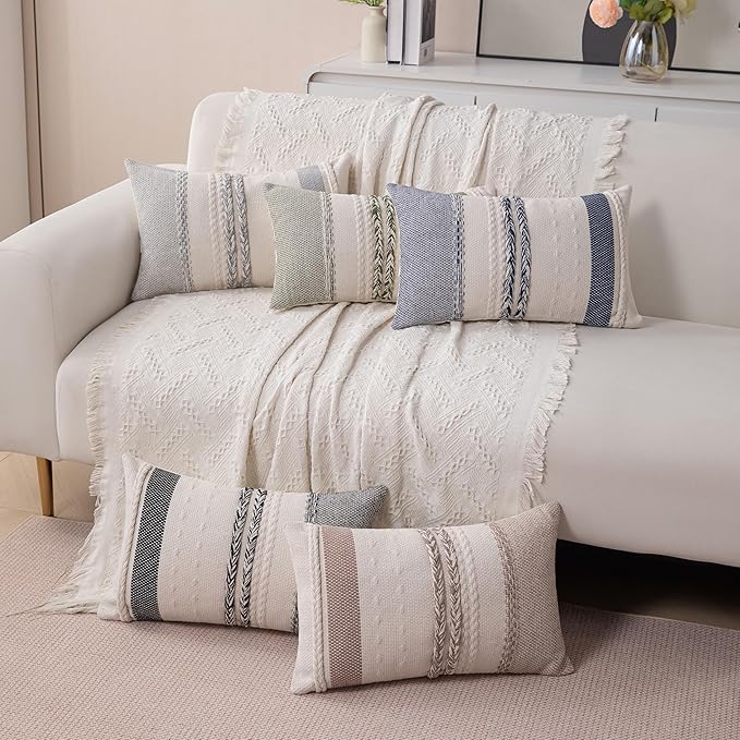 Boho Lumbar Pillow Covers Set of 2-12x20 Inch Decorative Farmhouse Striped Coastal Accent Textured Long Boho Throw Pillows for Couch, Neutral Rectangle Pillowcases for Bed, Home Decor, Grey