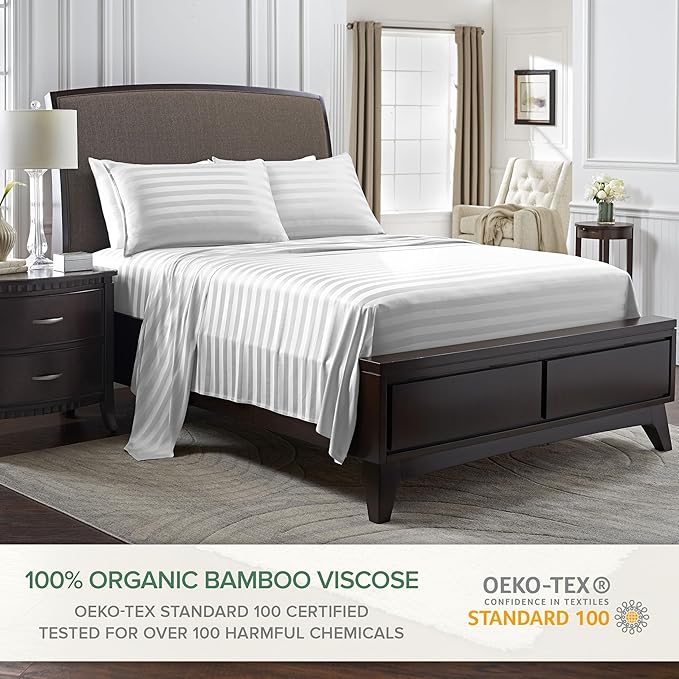 California King Sheets by Pure Bamboo, Genuine 100% Organic Viscose Derived from Bamboo Bed Sheet Set, Soft & Cooling, Double Stitching, Lifetime Quality Promise (California King, Jacquard White)