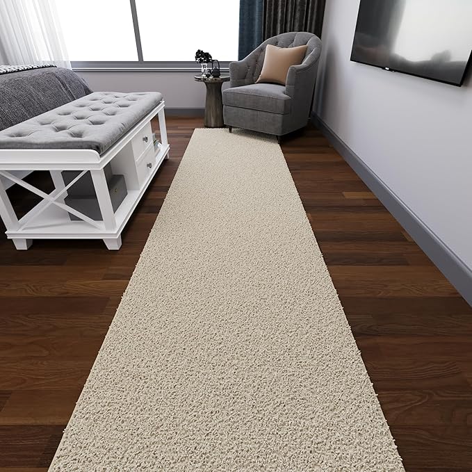 Ottomanson 3' x 16' Shaggy Runner Rug - Plush & Cozy Non-Slip Carpet for Bedroom, Living Room, Bathroom & Entryway - Durable & High-Traffic Friendly for Hallways & Dorms, Cream