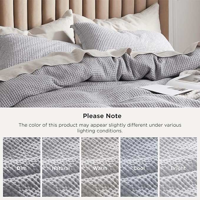 Bedsure Cotton Duvet Cover King - 100% Cotton Waffle Weave Grey Duvet Cover King Size, GentleSoft™ and Breathable Bedding Set for All Season, 3 Pieces, 104"x90"
