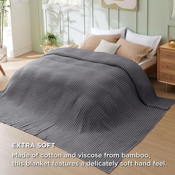 Bedsure Cooling Cotton Waffle Oversized King Blanket - Lightweight Breathable Blankets Rayon Derived from Bamboo for Hot Sleepers, Luxury Throws for Bed and Sofa Dark Grey, 120x96 Inches
