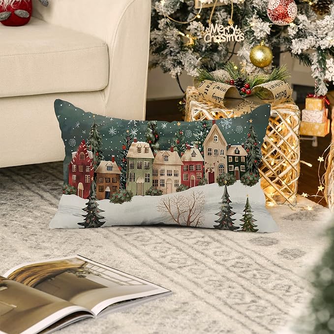 Winter Lumbar Decorative Rectangle Pillow Cover 12 x 20, Wonderland Forest House Snowflake Vintage Porch Outdoor Pillowcase, Christmas Holiday Seasonal Farmhouse Cushion Case Home Decor