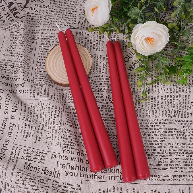 Viyffo Taper Candles 10 Inch – 12 Pack Winter Berry Red, Dripless, Unscented, Smokeless – 8 Hour Burn – Tall Candlesticks for Wedding, Dinner, Holiday, Party, Home Decor