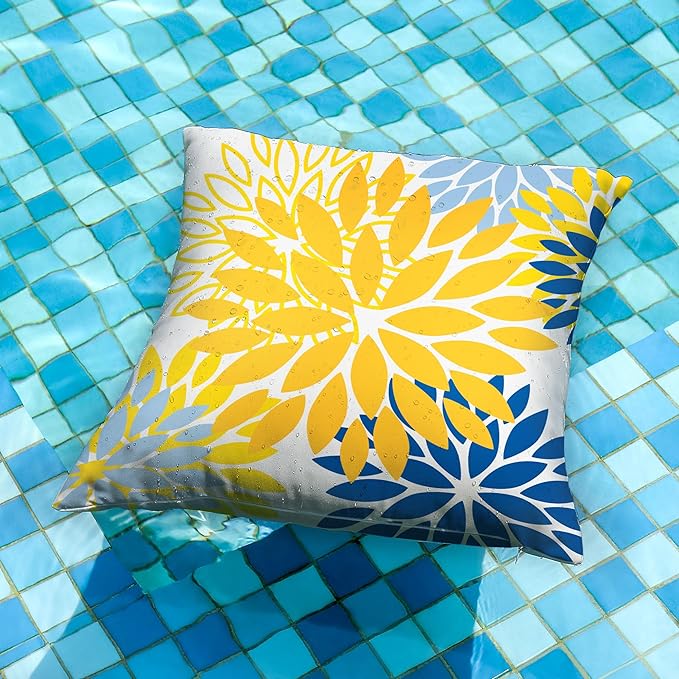 DFXSZ Yellow Blue Flower Pillow Covers 16x16 Inch Set of 2 White Gray Colored Throw Pillows Outdoor Waterproof Decor for Living Room Sofa Patio Funiture Garden Floral Polyester Pillow Covers 002J16