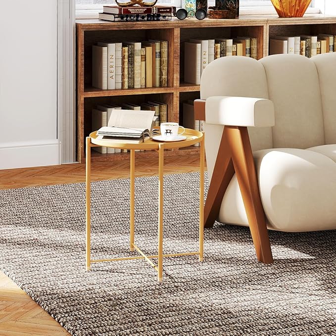 HollyHOME Round Metal Side Table, Outdoor Small Folding Accent Stand with Removable Tray, 17.72'' Portable End Table for Balconies, Gardens, Living Rooms and Bedrooms, Yellow