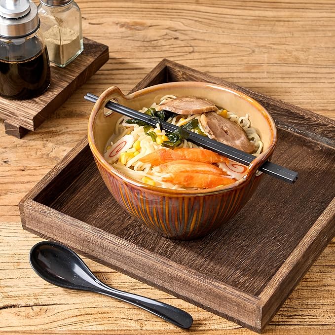 Ramen Bowl with Chopsticks and Spoons Set, 7 Inch Ceramic Noodle Bowl Set of 2, Dishwasher Safe for Pho Udon Soba Noodle Salad Pasta, Special Reactive Glazed Brown Bowls Set