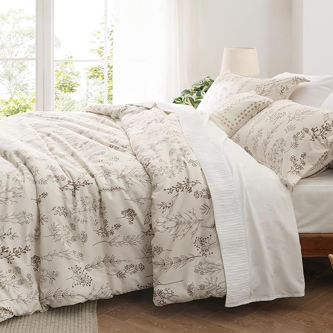 Bedsure Full Comforter Set - Beige Bed Set, 3 Pieces Cute Floral Bedding, 1 Soft Botanical Flowers Comforter and 2 Pillow Shams