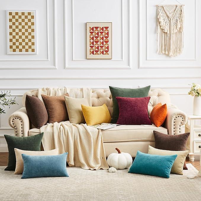 GAWAMAY Decorative Chenille Throw Pillow Covers 24x24 Inch Pack of 2, Soft Square Couch Pillow Cover for Sofa Cushion Living Room Bedroom Solid Dyed Pillowcases Brown 60x60cm (ONLY Covers)