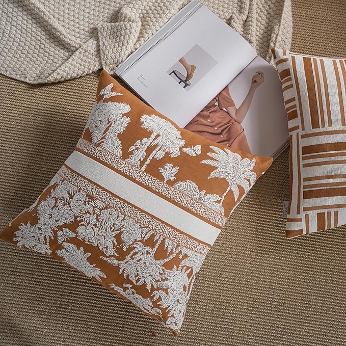 Premium Throw Pillow Covers 20x20 Inches - Tawny Birch Jungle with White Palm Tree Chenille Jacquard Embroidery Decorative Couch Pillow Covers for Living Room Bedroom Sofa