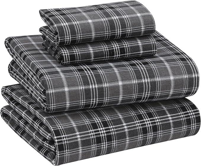 RUVANTI Flannel Sheets King Size - 100% Cotton Brushed King Size Sheets Set - Deep Pockets 16 Inches Bed Sheets - All Seasons Breathable & Extra Soft - Warm & Cozy, 4 Piece, Grey Plaid