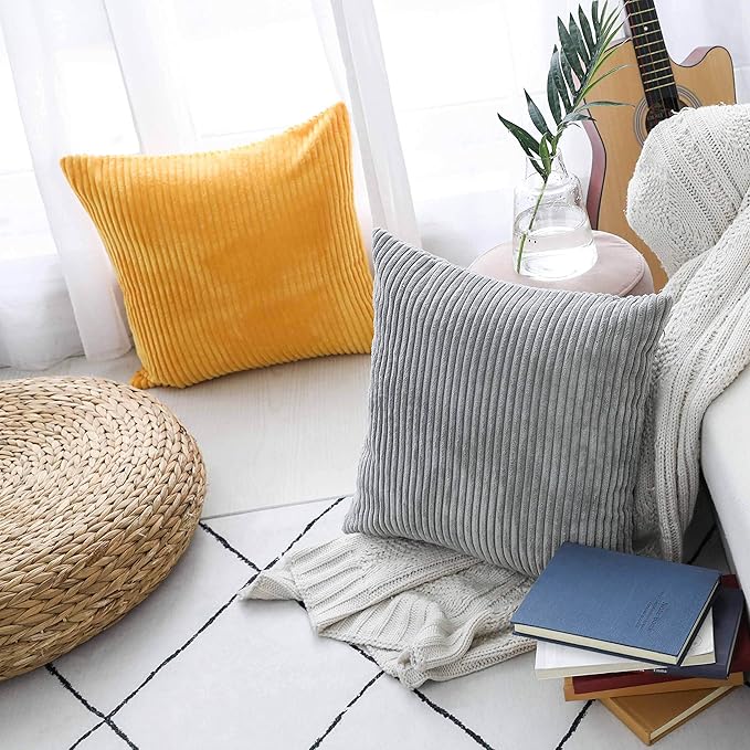 Home Brilliant Striped Corduroy Pillow Cover 24x24 Plush Texture Velvet Euro Throw Pillow Sham Covers for Chair Yellow Pillow Covers for Fall Winter Decoration, 24 x 24 inch, Sunflower Yellow