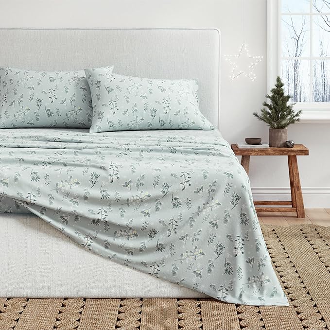 Great Bay Home Flannel Sheet Set Full Size - 100% Turkish Cotton, Double-Brushed, Winter Floral Bed Sheets - Ultra-Soft, Cozy, 4-Piece Bedding Set (Snowy Botanical)