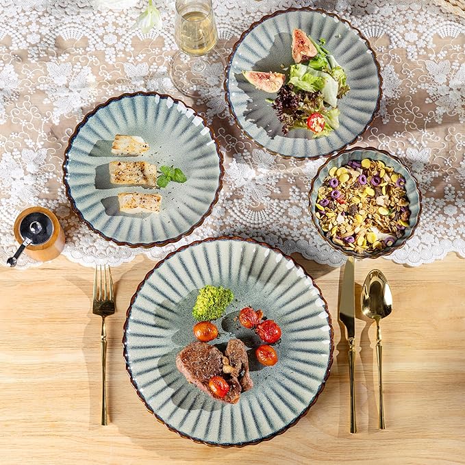 GBHOME Stoneware Dinnerware Sets for 4,Handcrafted Embossed Design Reactive Glaze Ceramic Plates and Bowls, Dishwasher and Microwave Safe, Service for 4(12pcs) (Space Blue, Service for 4)