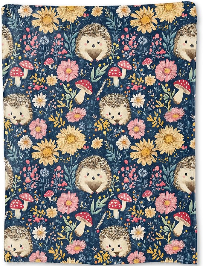 Hedgehog Blanket - Cute Floral and Mushroom Fleece Throw,Gifts for Kids Adult, Soft & Warm,Lightweight, for Modern Rustic Whimsical Decor, Animal Lovers, and Room Home Accents 60x80in