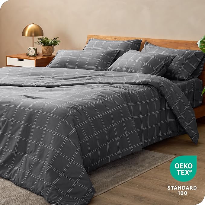 Bare Home Bed-in-A-Bag 7 Piece Comforter & Sheet Set - Queen - Track Stitch - Goose Down Alternative - Ultra-Soft 1800 Premium - Bedding Set (King, Modern Plaid - Grey/White)