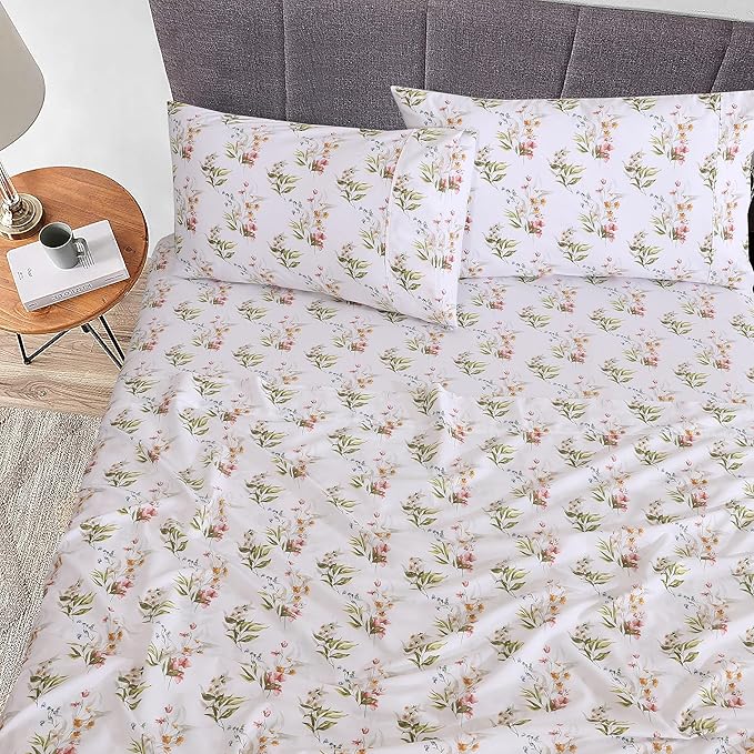 RUVANTI 100% Cotton Twin XL Sheet Sets, 3 Pieces, Soft & Breathable Percale Weave Bedding, Deep Pocket 16", Hotel Standard, Crisp Cool Feel, Durable, Perfect Size Floral Sheets, Floral Bliss