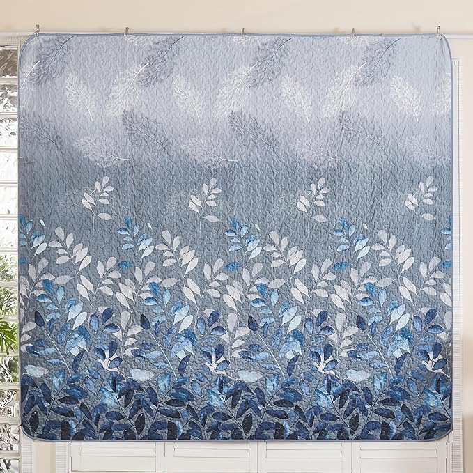 WONGS BEDDING Blue Quilt Set Queen Size,3 Pieces Navy Blue Floral Bedspread Coverlet Set,Soft Microfiber Lightweight Grayish Blue Gradient Floral Bedding Set Queen 96"x90"