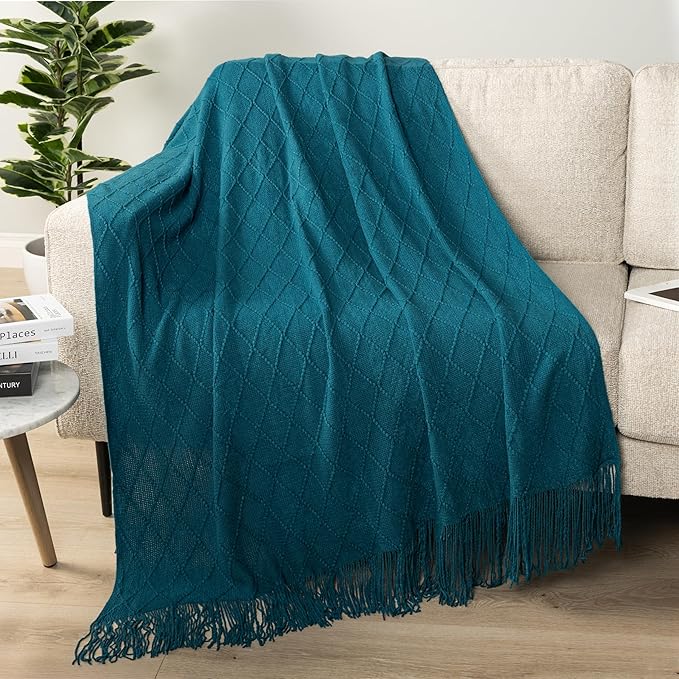 PAVILIA Teal Blue Knit Throw Blanket for Couch Bed, Soft Knitted Farmhouse Sofa Throw for Living Room, Lightweight Decorative Summer Throw Blanket for Chair, Outdoor Textured Boho Blanket, 50x60