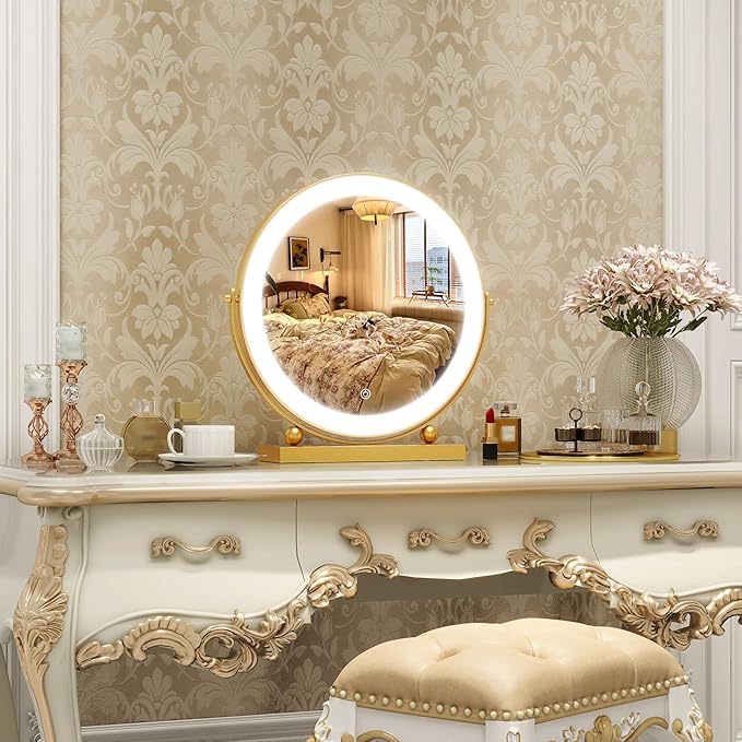 13 Inch Vanity Mirror with Lights, Round Make Up Mirror with Lighting, LED Mirror Makeup Mirror with Lights for Bedroom Tabletop, Smart Touch Control, 360° Rotation (Gold)